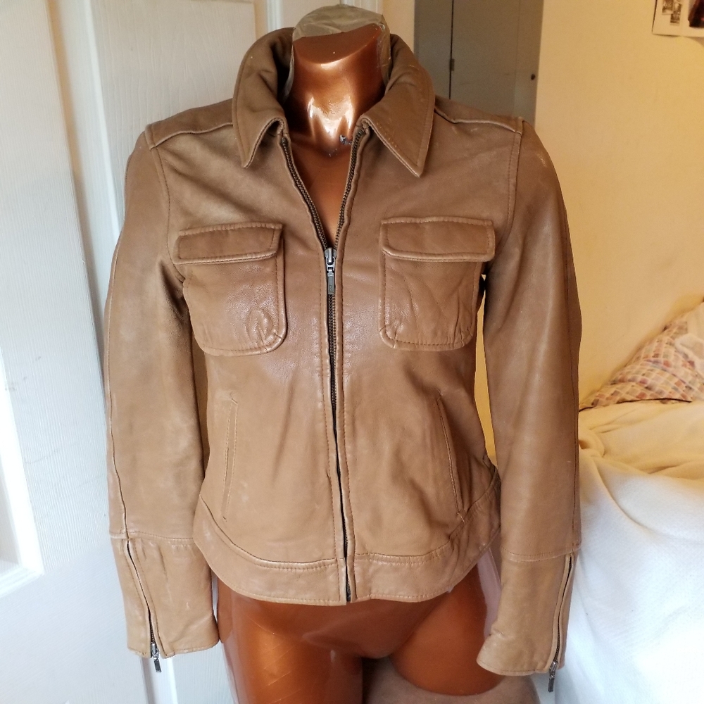 Naf Naf vtg tan goat leather bomber Trucker jacket size S